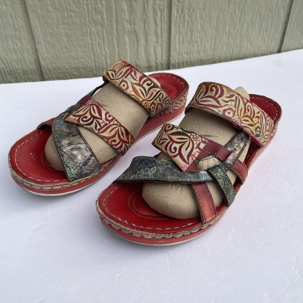 L'Artiste Sandals Womens US Size 7.5-8 /38 Red Caiman Artsy Bohemian Wedge Slide - Picture 2 of 16